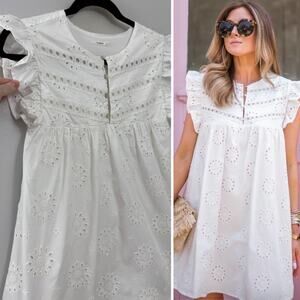 Revolve Tularosa White Eyelet Feminine Ruffle  Minimalist Coastal Hill Dress S/M